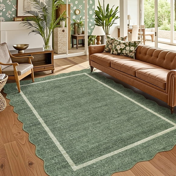 Garvee Scalloped Area Rugs Modern Bordered Rug, 5x7 Washable Rugs Non-Slip Non-Shedding Rugs Low Pile Indoor Carpet for Living Room Bedroom Office, Green