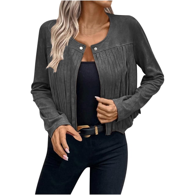 LOVZFMLL Cardigan pour Femme, Style Élégant, Cuir Velours, Garniture à Franges, Veste à Patte de Boutonnage, Couleur Unie, Veste à Franges à Manches Longues, Cardigan