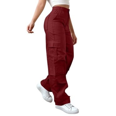 Ohufall Womens Cargo Pants Straight Leg Stretch Hiking Cargo Pant Trousers Button Elastic Waist Work Wear Cargo Pants