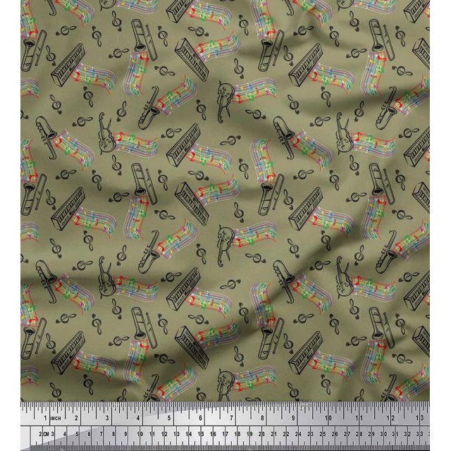 Soimoi Japan Crepe Satin Fabric Notes,Piano & Guitar Musical Instrument Print Fabric by The Yard 42 Inch Wide