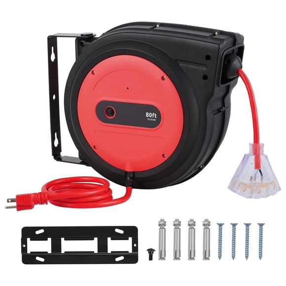 KFFKFF Pull-Out Power Cable Reel, 80 FT, Robust 12AWG/3C SJTOW Retractable Electrical Wire with Illuminated Triple Tap Outlet, 15 Amp Circuit Breaker 180° Rotating Bracket for Ceiling or Wall