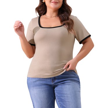 Haut Grande Taille pour Femmes Col Carré T-Shirt à Manches Courtes Côtelé à Blocs de Couleur Coupe Ajustée Tricot T-Shirt Basique Hauts 1X Camel Clair