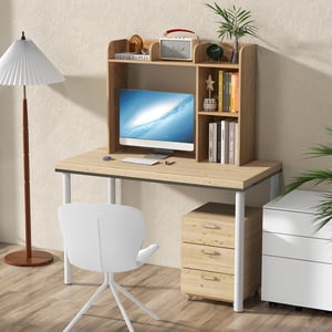 Giantex Bibliothèque de bureau, bureau en bois Hutch w/5 Étagères, Table d'écran d'ordinateur, Table de l'organisateur pour la maison de bureau de dortoir, naturel