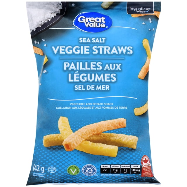Great Value Sea Salt Veggie Straws in blue packaging featuring seasoned potato and vegetable snack sticks, vegan, gluten-free, kosher certified, and Ingredient Wise product made in Canada, ideal for snacking or adding crunch to salads.