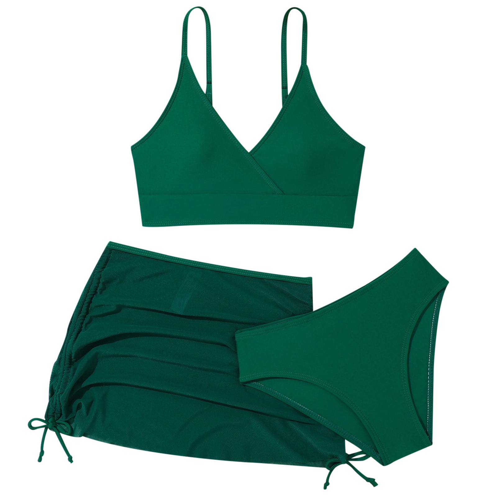 MIASHUI Maillots de Bain Filles Ensemble Tankini 3 Pcs Bikini avec Paréos Jupe de Plage, Vert Foncé, 9-10 Ans