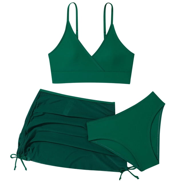 MIASHUI Maillots de Bain pour Filles Ensemble Tankini 3 Pcs en Vert Foncé, Conçu pour les 9-10 Ans. l'Ensemble Comprend un Haut de Tankini avec des Bretelles Larges Ajustables, des Bas de bikini Assortis et une Jupe Cache-Maillot Froncée avec Détails à Cordon. Fabriqué à Partir d'Un Mélange Léger et Respirant de nylon-spandex, Ce Maillot de Bain Offre un Ajustement Confortable pour Diverses Activités Aquatiques comme la Natation, le Surf et les Sorties à la Plage.