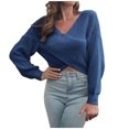 thumbnail image 2 of RKSTN Chandails pour Femmes Haut Court Décontracté Col en V Ample Manches Longues Nombril Tops Blouse Automne Chandails, 2 of 5