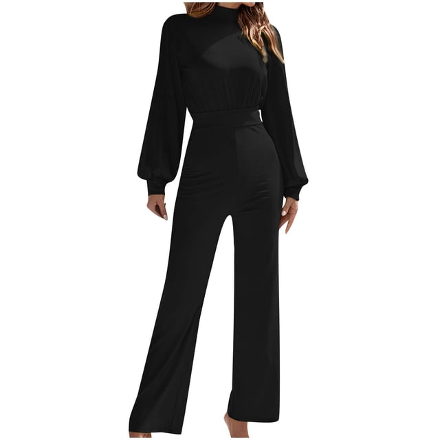 Timegard Jumpsuits for Women Half Neck Long Sleeve Straight Leg Comfy Rompers Casual Solid Color Clothing
