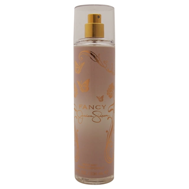 Fancy by Jessica Simpson for Women - 8 oz Body Mist in a multicolour bottle with gold accents and butterfly designs. The fragrance mist features a clear spray nozzle and a sleek cylindrical design, ideal for daily use or gifting.