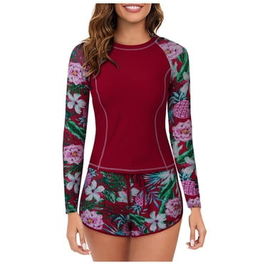 Kcodviy Women 2 Piece Long 4T Guard Sleeve Rash Guard with Men's Big & Tall Guard Shirts Built in Bra Swimsuits Guard Upf 50+ Swim Shirt Swim Suits and Guard with Boyshort Bottom