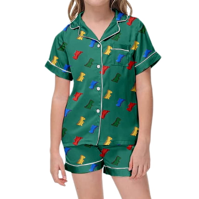 Floral Print Childrens Short Sleeve Button Down Pajama Set with Matching Shorts for Girls Nightwear Comfort