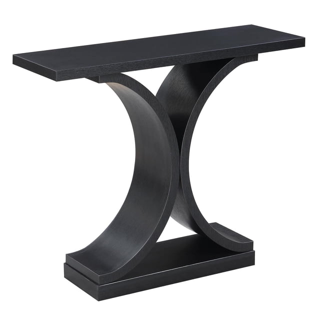 Pemberly Row Modern Console Table in black wood finish with a sleek, curved base design. This 30-inch high, 36-inch wide, and 12-inch deep table is crafted from hollow core, MDF, particle board, and paper melamine. Perfect for displaying collectibles, organizing keys, or serving as an accent piece in living rooms.