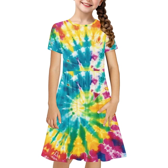 Robe Fille Été Patineuse Robe T-Shirt Teinture sur Nœuds Décontractée à Manches Courtes Robe Fluide pour Enfants 4-14 Ans