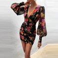 thumbnail image 2 of Pompotops Robe à Manches Longues en Chiffon Plissé à Fermeture Éclair Col en V Imprimé Floral pour Femmes, 2 of 7