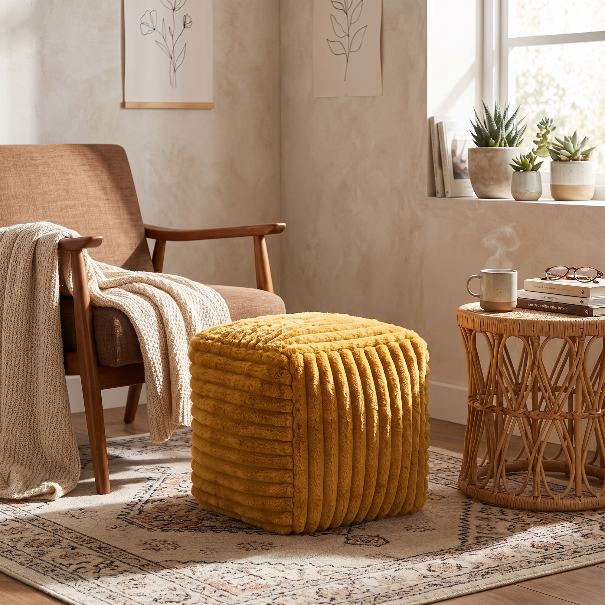 Gouchee Home Raya Cube Pouf Ottoman or Footrest, Mustard, 16" x 16" x 16", Faux Fur Cover, Polystyrene Bead Filling