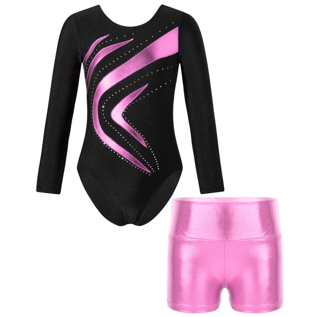 TiaoBug Girls 2Pcs Rhinestone Tracksuit Long Sleeve Gymnastics Dance Outfit Leotard with Shorts Unitard C02 12
