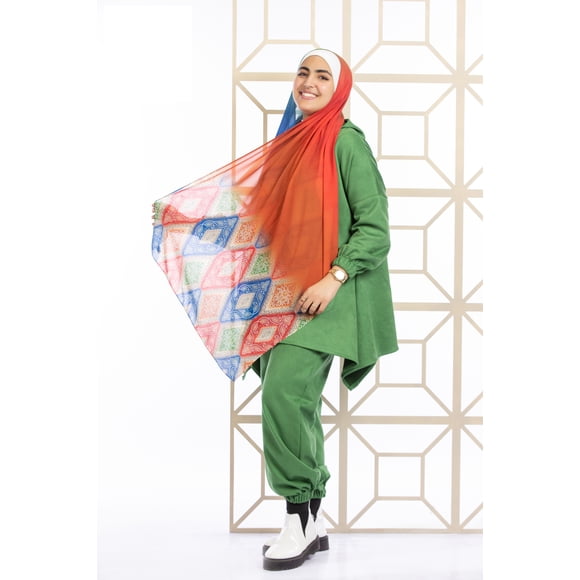 Estabraq Lady Women Handmade Printed Chiffon Scarf (Hijab) with Orange Ombre Diamonds Digital Prints
