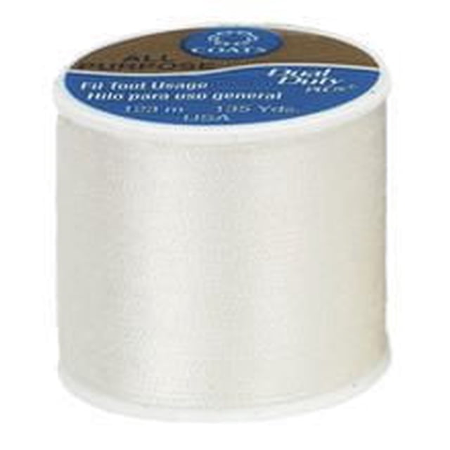 Coats & Clark All Purpose Polyester Thread spool in white, 123 metres long, suitable for hand and machine sewing on knits and woven fabrics, often used in various sewing notions and accessories.