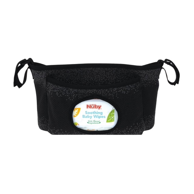 NûbyTM Eco Organisateur de Poussette en Tissu Texturé Noir avec Sangles Ajustables pour l'Accessoire de Poussette, Doté de Multiples Poches Incluant une Fenêtre Transparente Tenant Nûby Lingettes Apaisantes pour Bébé, Conçu comme caddy de Poussette pour Organiser les Essentiels pour Bébé pendant les Sorties.