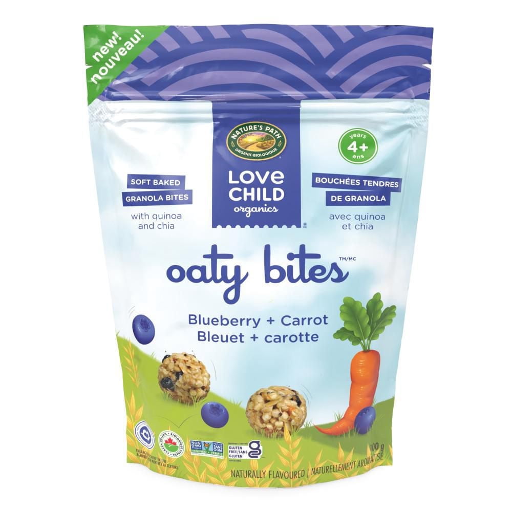 Bouchées collation bleuet + carotte Oaty Bites Love Child Organics, 100 g, sac