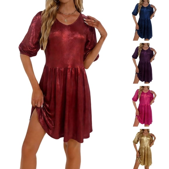 QIUOMBBP Womens Ruffle Dresses Short Sleeve Metallic Flowy Midi Sundress Loose Casual Summer Dress for Party Black L