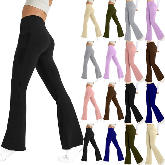 QATAINLAV Warehouse Deals Today Flare Leggings with Pockets for Women High Waisted Butt Lifting Yoga Pants Solid Color Casual Workout Bell Bottoms Purple XL