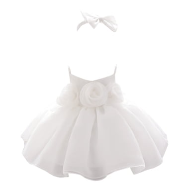 MEZZALL Robe de Princesse pour Fille Sans Manches, Couleur Unie, Fleur, Robe de Fête d'Anniversaire avec Bandeau, Robe d'Été Polyvalente pour Bébé, Blanc, 12-18 Mois