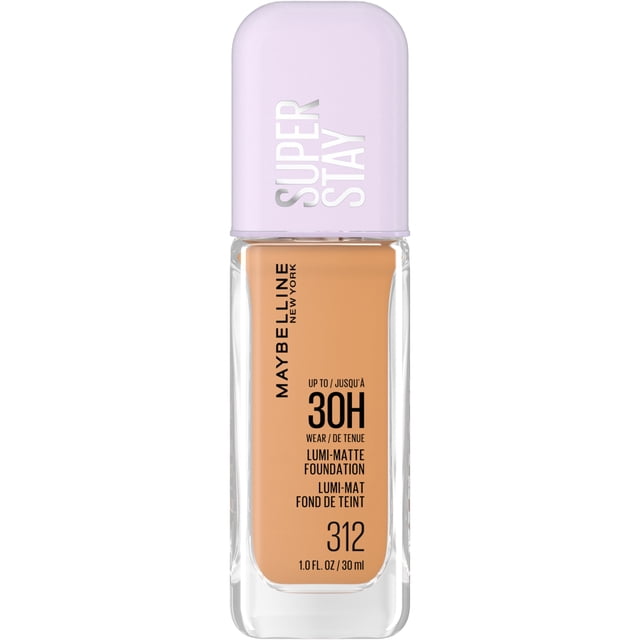 Maybelline New York Super Stay Lumi Matte Foundation shade 312 in a clear rectangular glass bottle with a pale lavender cap, providing up to 30 hours of lightweight, long-wear liquid foundation with a luminous matte finish suitable for all skin types.