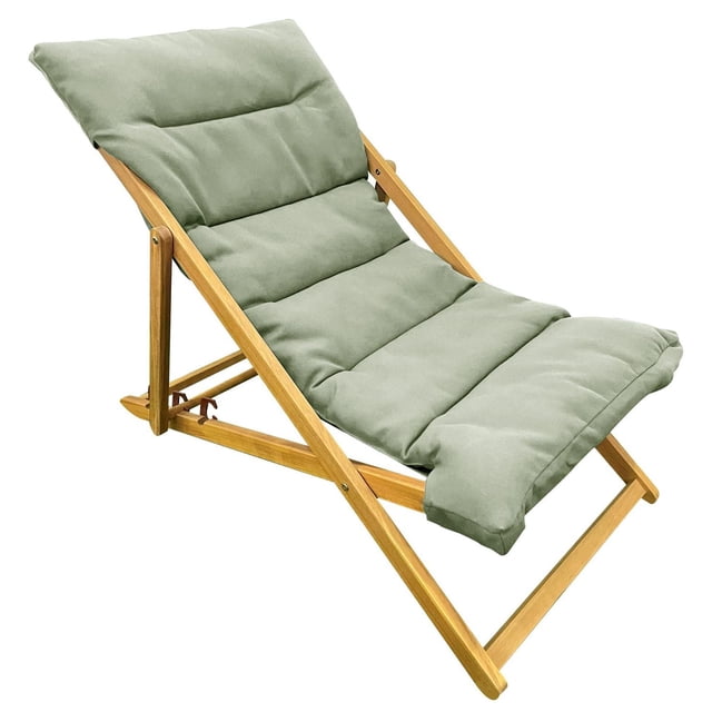 F.Corriveau International Chaise Longue d'Extérieur avec Coussin, Doté d'Un Cadre Pliable en Bois d'Acacia et d'Un Tissu polyester Vert Pâle Résistant aux Intempéries, Réglable à Trois positions Inclinables avec un Coussin d'Appui-tête Amovible, Convient aux Sièges de Terrasse Extérieure et au Rangement Facile.