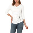 thumbnail image 1 of INSPIRE CHIC Women's Button Decor V Neck 3/4 Sleeve Solid Blouse Knitted Ruched Top, 1 of 6