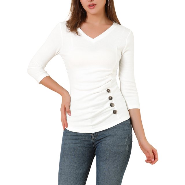 INSPIRE CHIC Women's Button Decor V Neck 3/4 Sleeve Solid Blouse Knitted Ruched Top