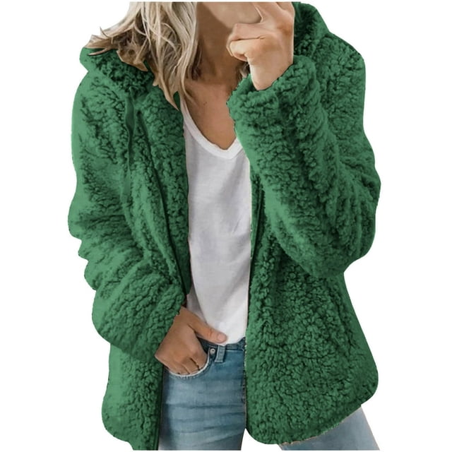 Womens Fuzzy Fleece Jackets 2023 Clearance Solid Zipper Sharpa Coat Fall Winter Warm Thick Hooded Jacket with Pockets