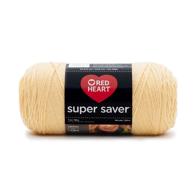 Red Heart® Super Saver® Yarn, Solid, Acrylic #4 Medium, 7oz/198g, 364 Yards in pale yellow, shown front-facing with a black label featuring a red heart logo and white text. This 100% acrylic worsted weight yarn is durable, machine washable, and ideal for knitting and crocheting projects, often used for crafting blankets and garments.