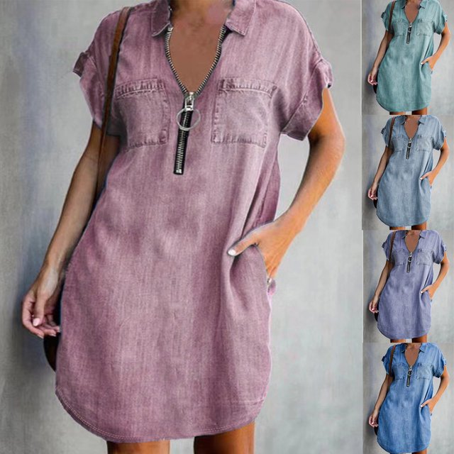 Gspmoly Robes d'Été pour Femmes, Robe Mi-Mollet Ample à Manches Courtes Unie avec Fermeture Éclair pour Femmes, Robes de Mariage pour Femmes en Liquidation