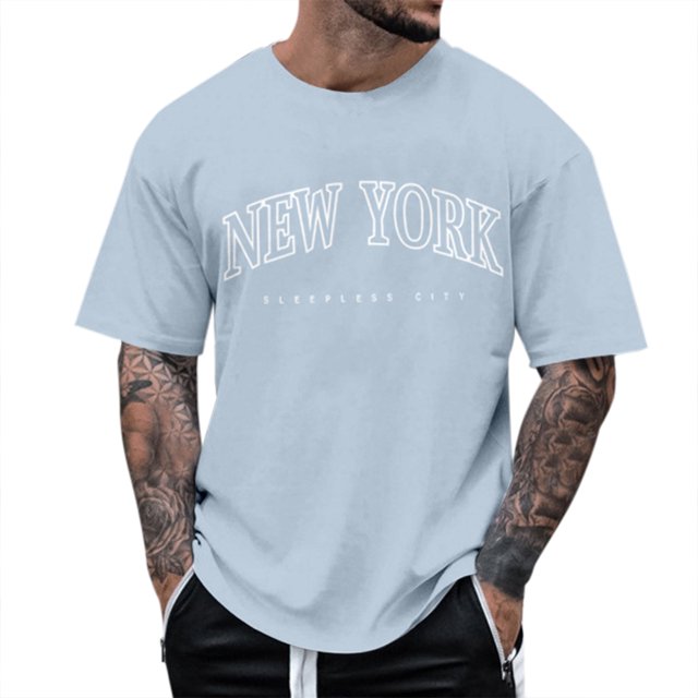 BOBOGOJP T-Shirts de Mode pour Hommes en Coton, Col Ras du Cou, Poids Moyen, Bleu Pâle, Taille M. Ce t-shirt à Manches Courtes, Col Rond, Présente un Motif Imprimé de Lettres « New York Sleepless City », Fait de 95 % polyester et 5 % Élasthanne. Idéal pour un Style Décontracté, Quotidien Ou de Plage en Été, Offrant un Confort Léger.