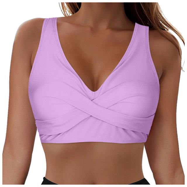 Huesdet Haut de Bikini pour Femmes Bretelles Spaghetti Réglables Haut de Maillot de Bain Col Rond Rembourré (Violet, P)
