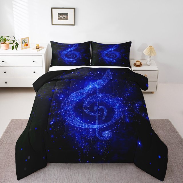Musical Note Comforter Set,Fashion Romantic Glitter Music Theme Bedding Set for Adults Living Room,Starry Blue Sequins Print (Not Real) Chic Quilt Set 3 Pcs with 2 Pillowcases,King