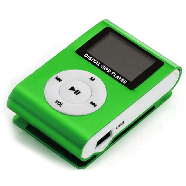 TFixol Mini Portable MP3 Music Player in green with a metal clip-on design, featuring a mini LCD screen, circular control buttons, and a built-in rechargeable 90mAh lithium battery. Includes a 3.5mm headphone jack and USB port, compatible with TF cards up to 32GB. Compact size measuring 4.8 x 3 x 1.5 cm.