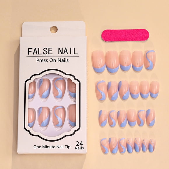 YATLTE Almond Press on Nails, Medium Blue French Fake Nails, Acrylic False Nails, DIY Manicure Decoration for Women, Stiletto Stick on Nails for Women 24pcs
