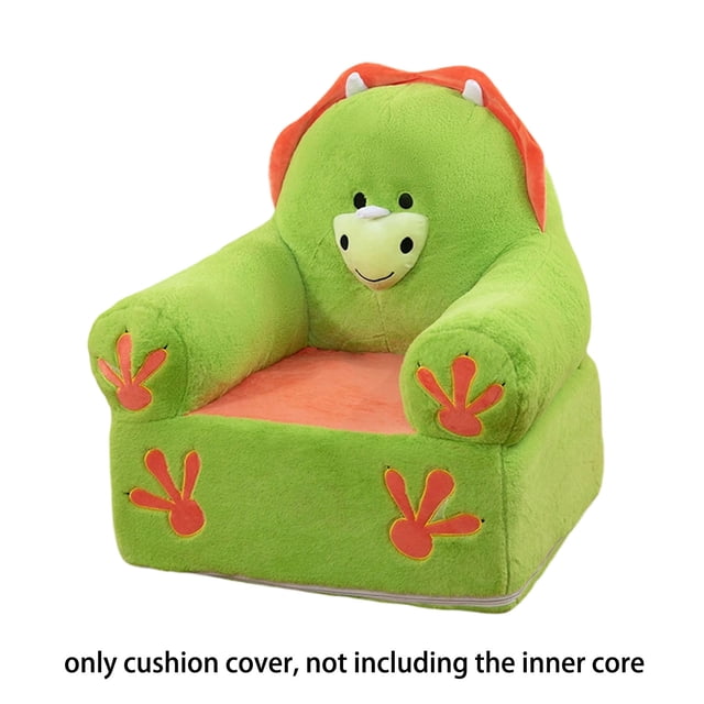 WIFKLSIIPG Folding Children's Sofa Backrest Armchair 2 in 1 featuring a cute green dinosaur design with orange accents. Made of soft velvet fabric, this foldable and lightweight sofa is designed for toddlers and children. It can be used as a sofa or a lounger bed, with a removable and washable cover for easy cleaning. The product does not include the inner padding core.