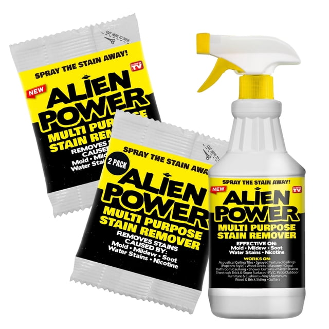 Alien Power Multi Purpose 2 Pack Concentrate Spray System Mold Mildew Rust Stain Remover Cleaning Kit. The image displays two 1 oz concentrated formula packets and a 24 oz refillable spray bottle with a yellow spray head. This cleaning kit is effective for removing mold, mildew, rust, hard water stains, and grime from surfaces such as tile, stone, brick, vinyl, and siding. Suitable for both indoor and outdoor cleaning tasks, it supports routine maintenance and restoration.