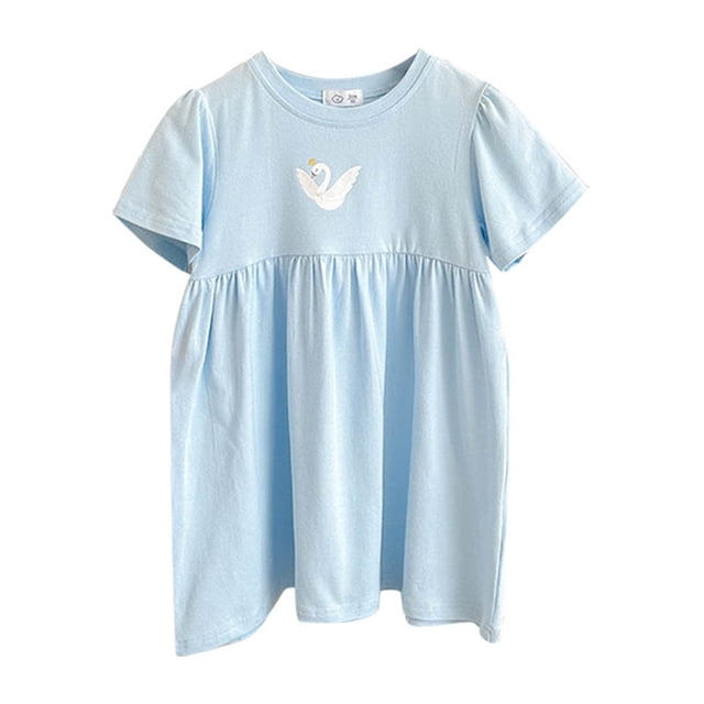 Robes pour Petites Filles Enfants Tout-Petits Filles Été Mignonne Imprimé Floral Col Rond Manches Courtes Robe Décontractée Robe Fille Bleu 4 Ans-5 Ans