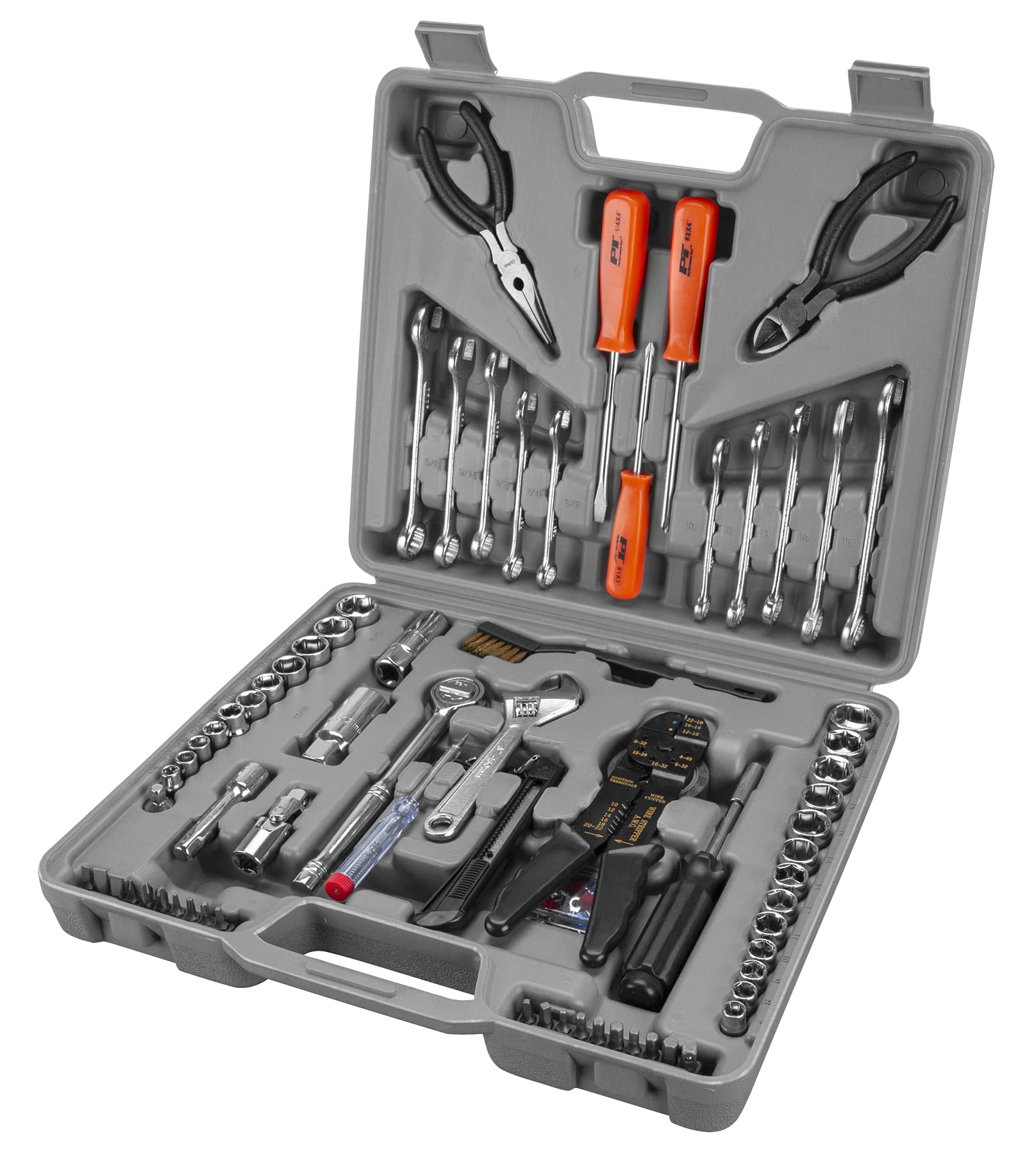 Performance Tool W1193 SAE/Metric Multi-Use Tool Set, General Household Hand Tools, Auto Repair Tool Set, with Plastic Toolbox Storage Case, Gray, 119-Pieces