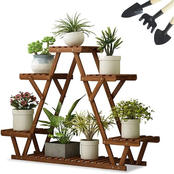 6-Shelf Flower Stand Plant Display for Indoors and Outdoors, ZZBIQS 4 Tiers 6 Potted Wood Plant Holder Table Stand for Patio Garden Yard, Bamboo