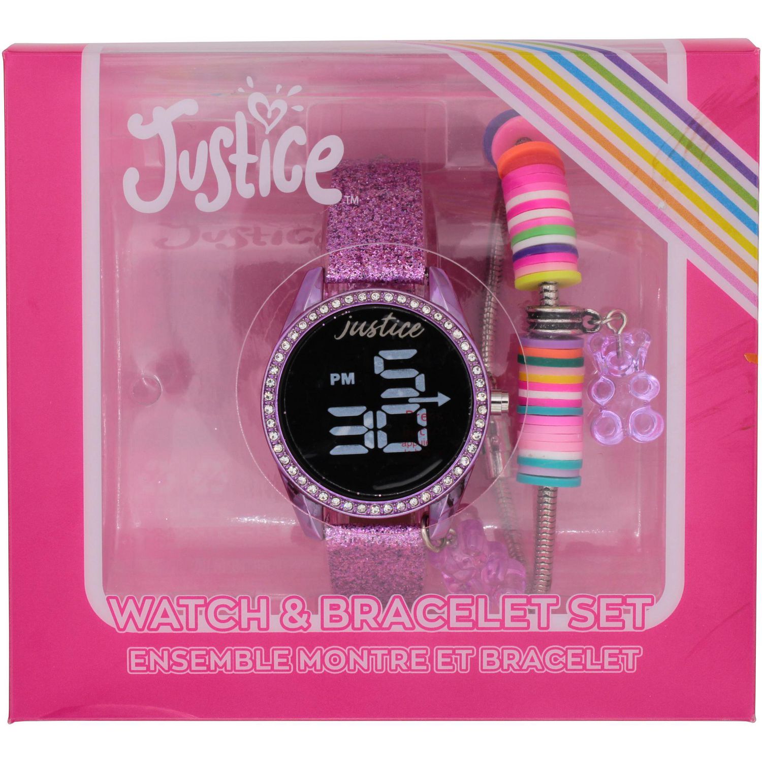Montre LED Justice avec bracelet rose pailleté et ensemble de bracelets