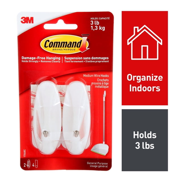 Command™ Wire Hooks 17068C, Medium, two white medium wire hooks with metal tips on a red 3M package, designed for damage-free hanging on smooth surfaces, holding up to 3 lbs (1.3 kg), ideal for indoor organization and easy removal without residue.