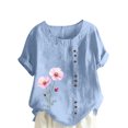 thumbnail image 1 of Pisexur Hauts pour Femmes, Chemisiers pour Femmes Chic Décontracté, Haut en Lin Décontracté pour Femmes à Col Rond Grande Taille Imprimé à Manches Courtes avec Boutons T-shirt Blouse Bleu Pâle, 3TG, 1 of 2