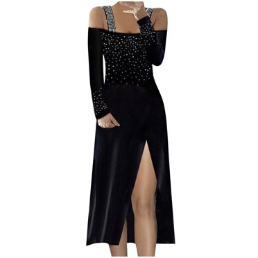CEHVOM Robe Midi Élégante pour Femmes avec Strass Manches Longues Épaules Dénudées