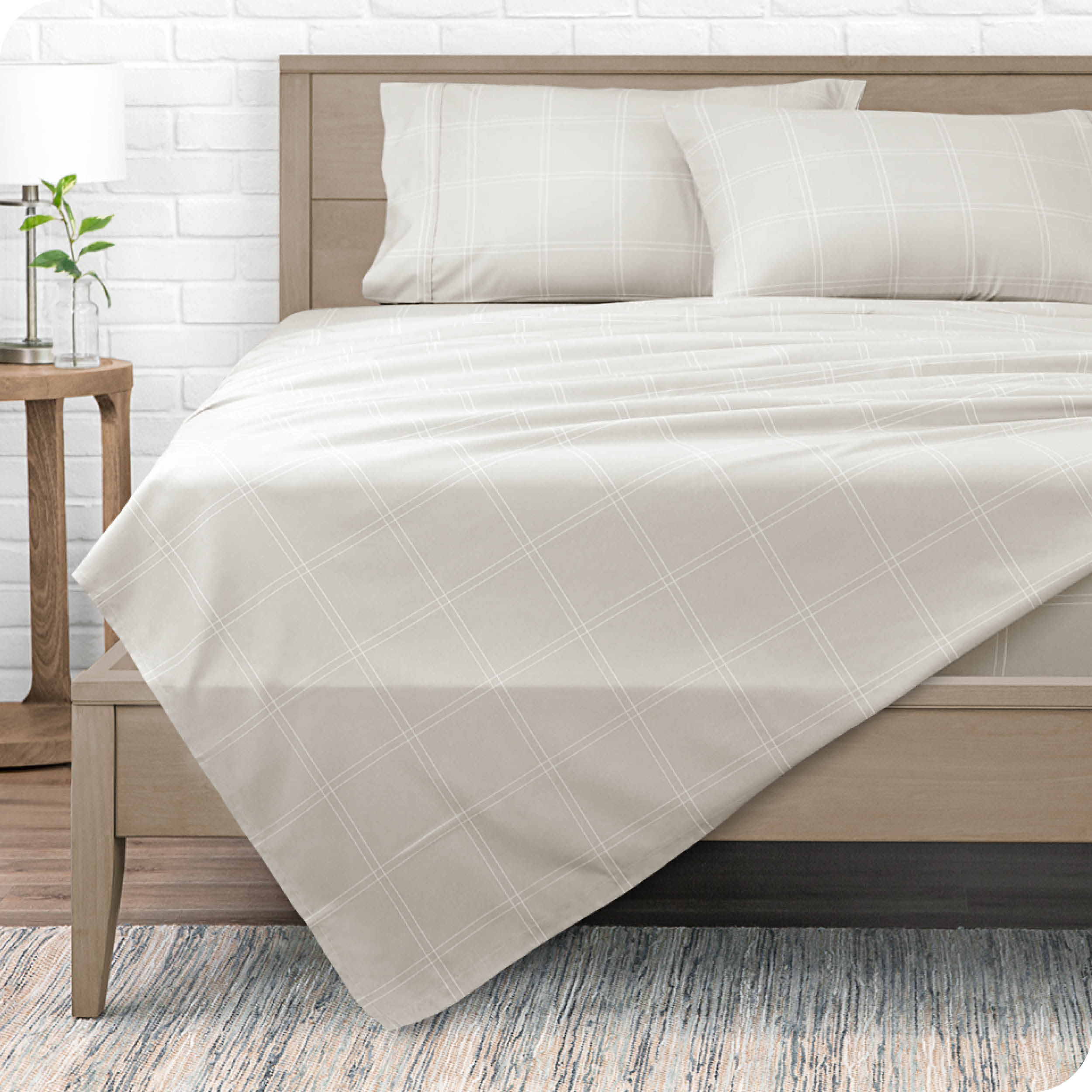 Bare Home Ultra-Soft Sheet Set - Premium 1800 Collection - Deep Pockets - 5-Pieces - Split King, Modern Plaid - Stone/White