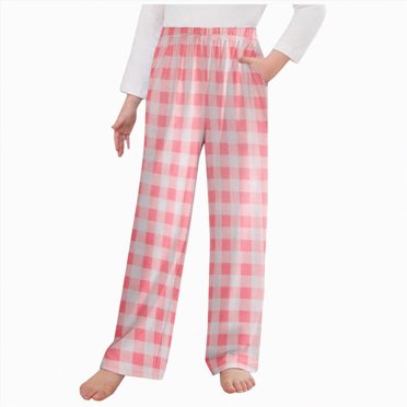 Splozh Toddler Cotton Pants Little Kids Pajama Pants for Girls Long Sleep Plaid Pants Soft Pj Bottoms with Pockets Pink,4-5 Years